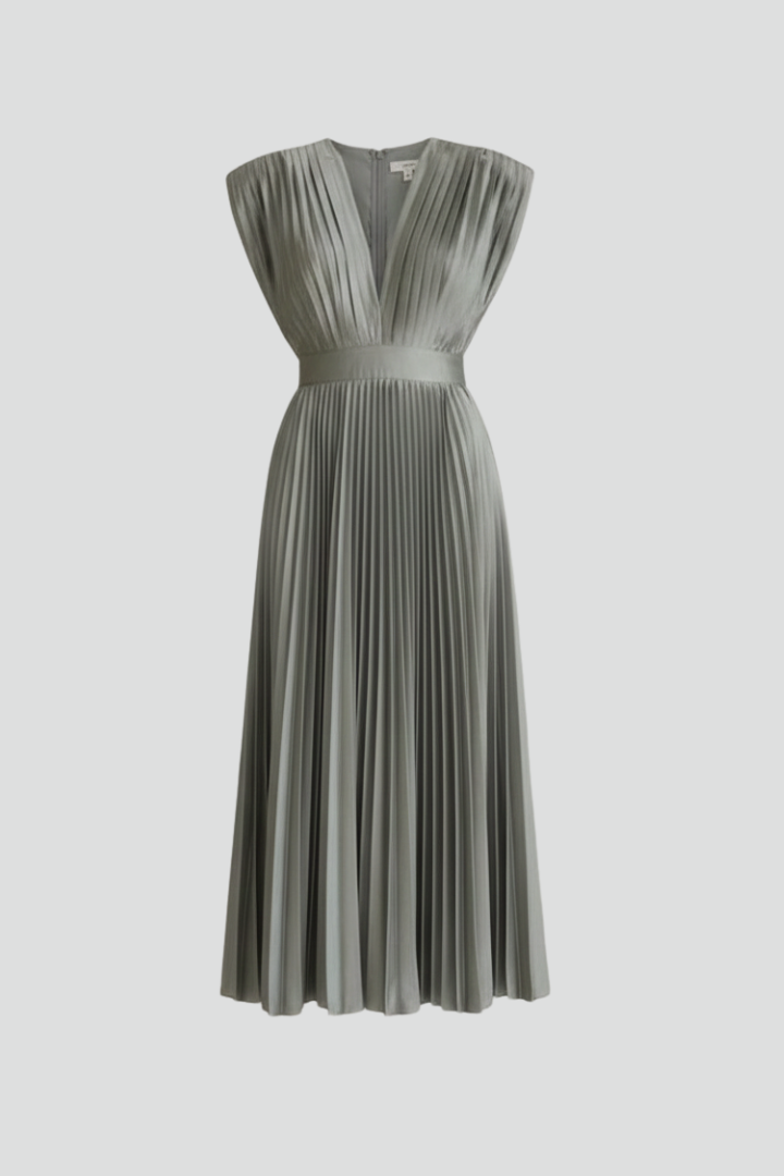 Women's Midi Dress with V-Neck and Pleated Skirt
