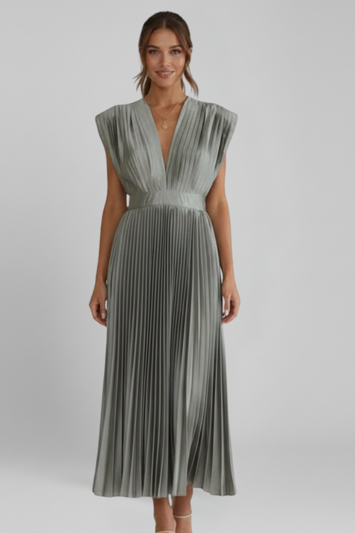 Women's Midi Dress with V-Neck and Pleated Skirt