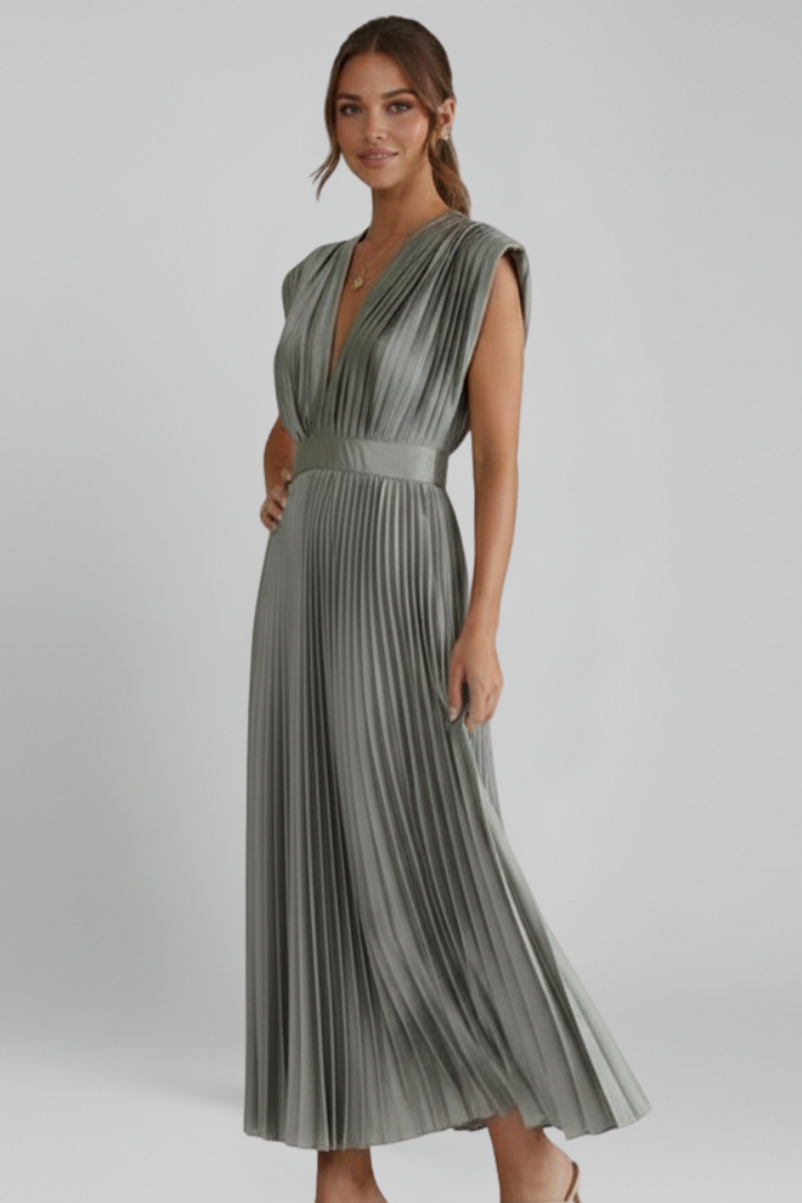 Women's Midi Dress with V-Neck and Pleated Skirt