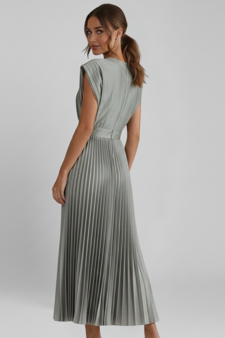 Women's Midi Dress with V-Neck and Pleated Skirt