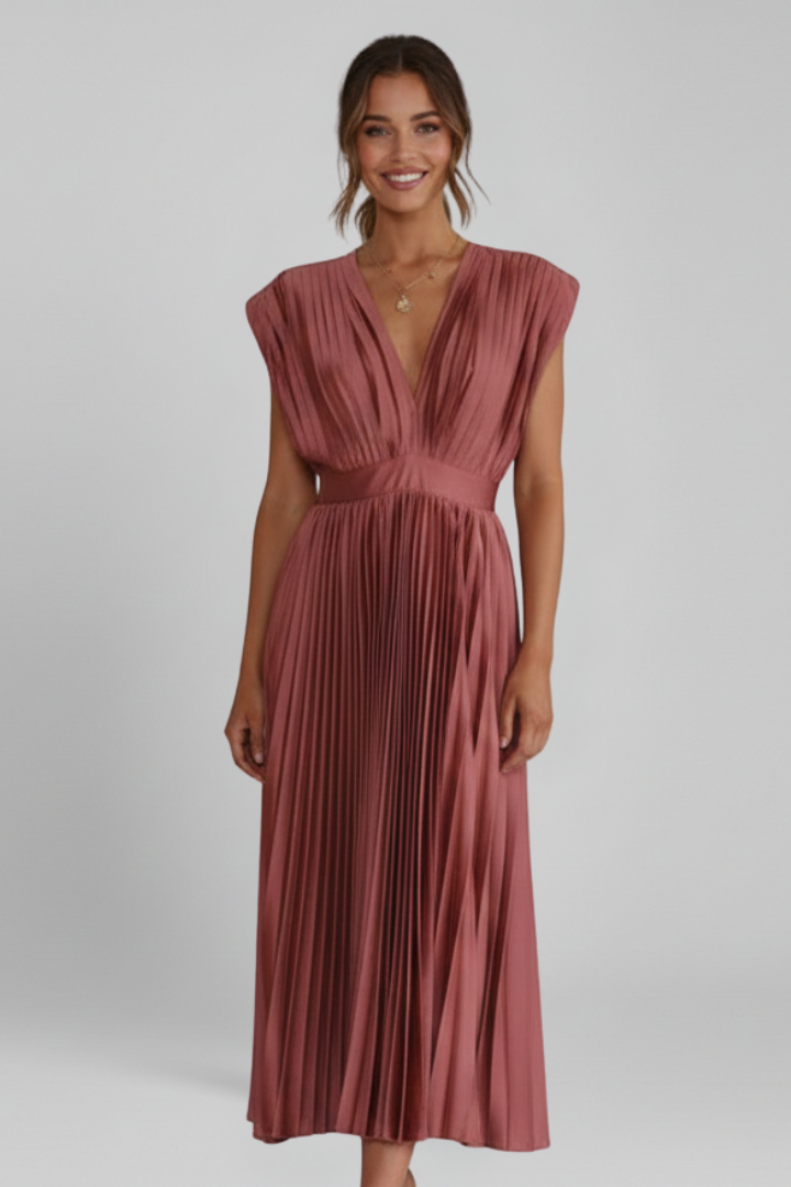 Women's Midi Dress with V-Neck and Pleated Skirt