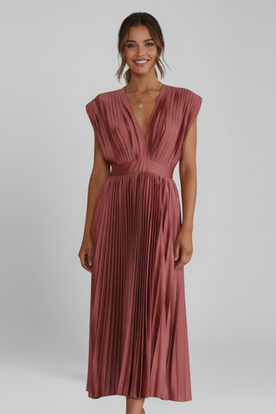 Women's Midi Dress with V-Neck and Pleated Skirt
