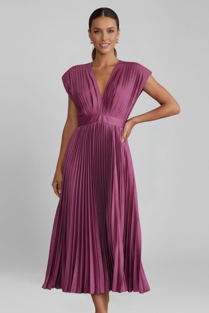Women's Midi Dress with V-Neck and Pleated Skirt