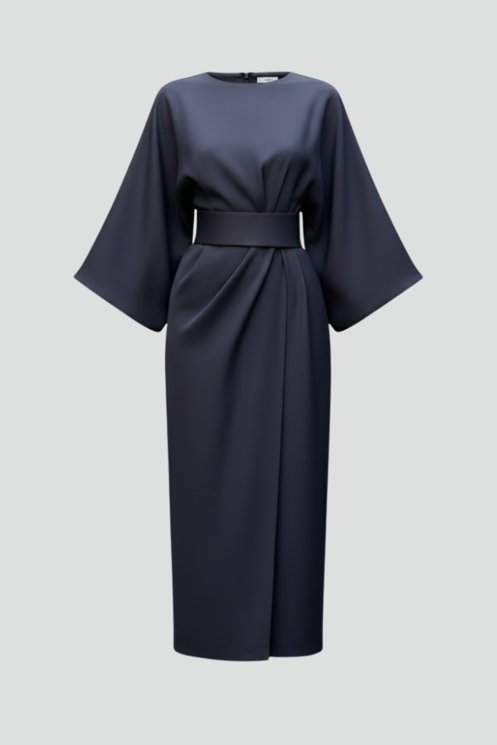 Women's Midi Dress with Wide Sleeves and Waist Belt in Blue | Roselva