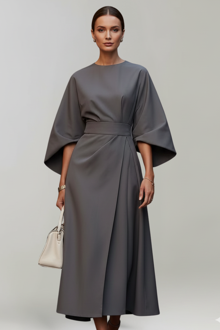 Women's Midi Dress with Wide Sleeves and Waist Belt in Blue - View 10.0 | Roselva