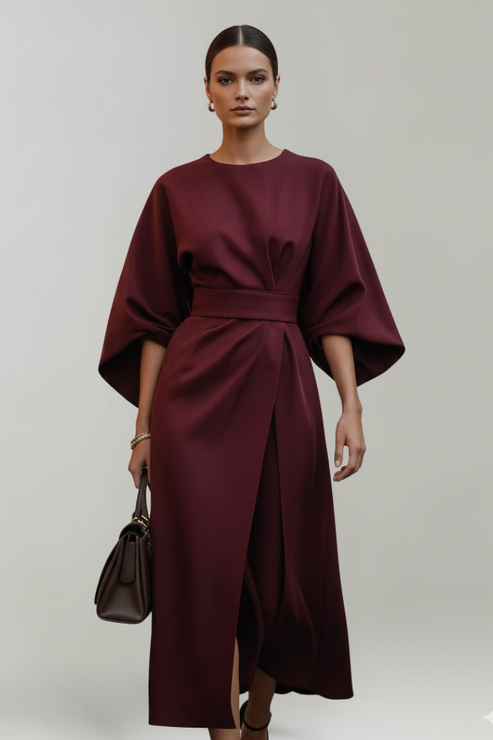 Women's Midi Dress with Wide Sleeves and Waist Belt in Blue - View 11.0 | Roselva
