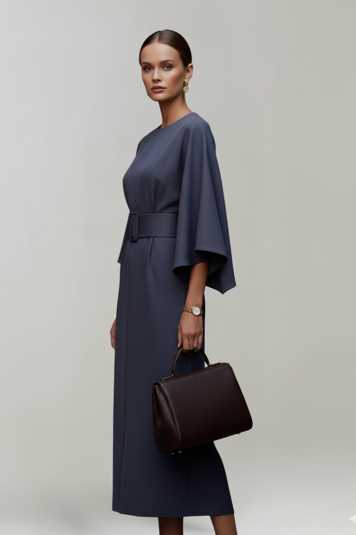 Women's Midi Dress with Wide Sleeves and Waist Belt in Blue - View 5.0 | Roselva