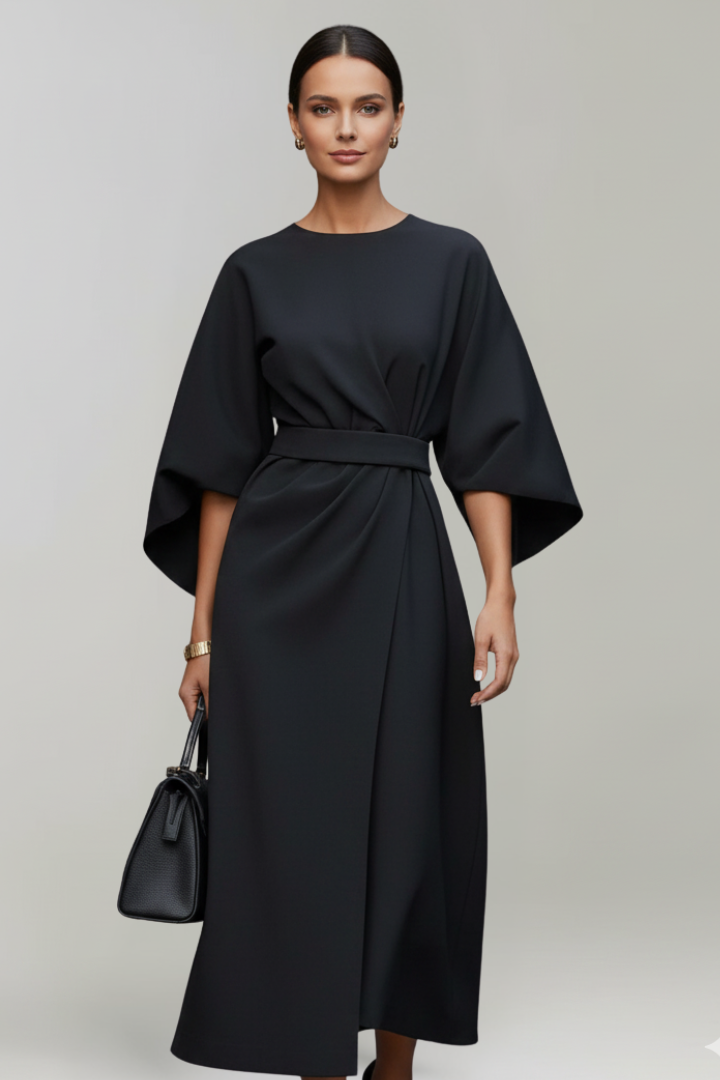 Women's Midi Dress with Wide Sleeves and Waist Belt in Blue - View 7.0 | Roselva