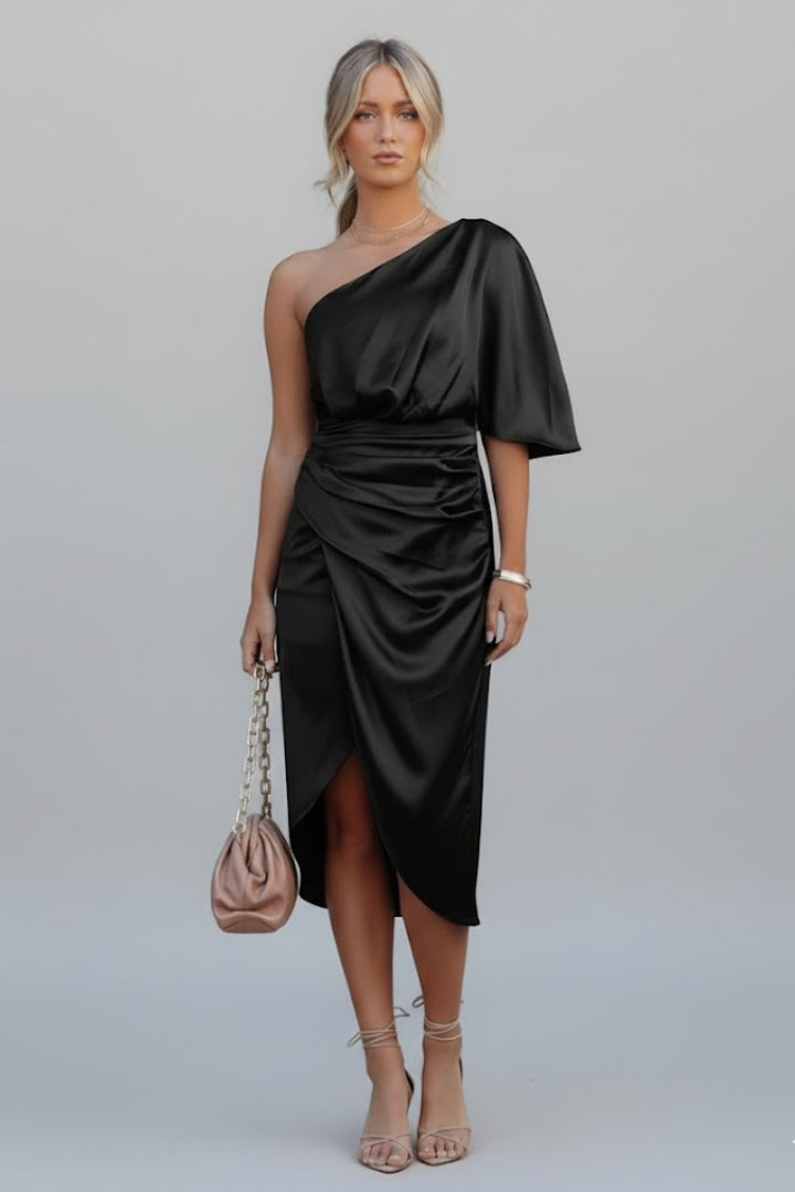 Women's Midi Dress with One-Shoulder and Draped Waist