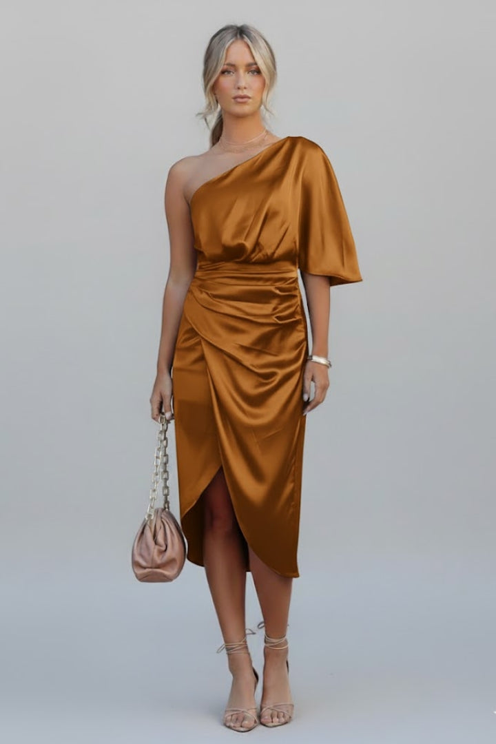 Women's Midi Dress with One-Shoulder and Draped Waist