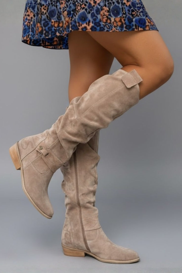 Women's Knee-High Boots with a Flat Heel in Beige - View 3.0 | Roselva