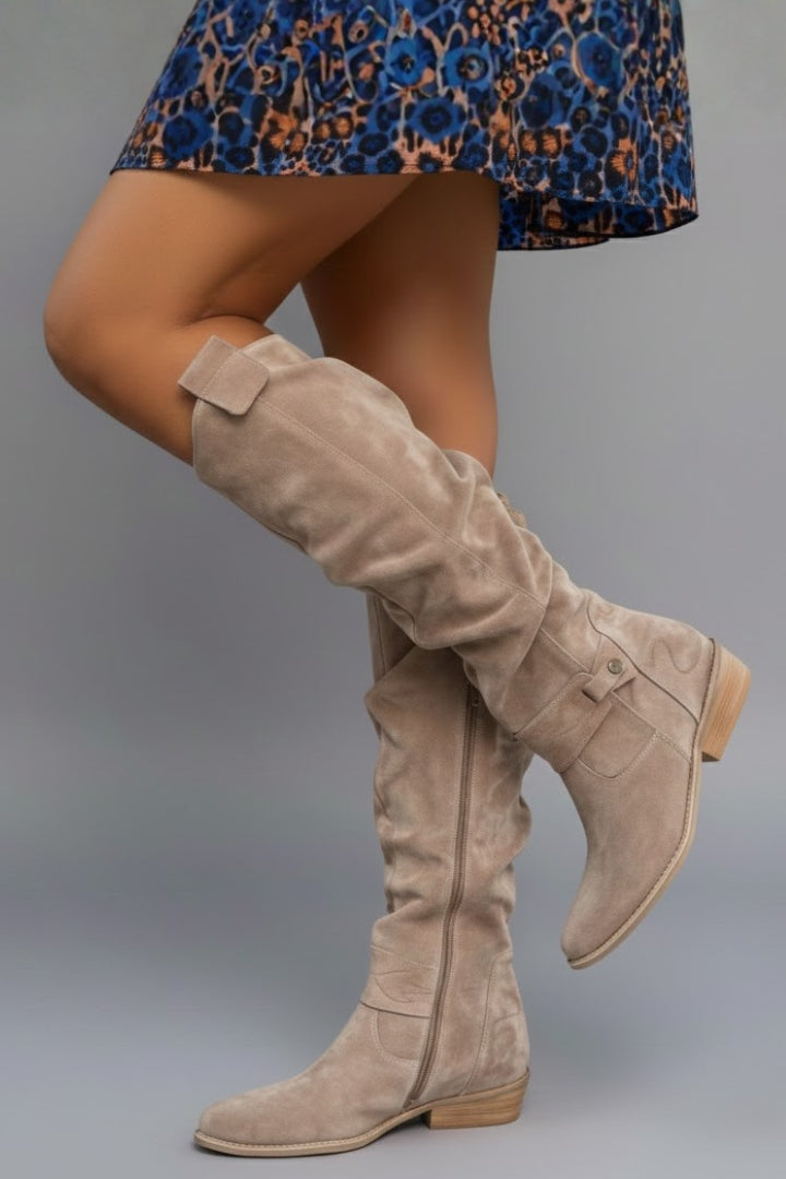 Women's Knee-High Boots with a Flat Heel in Beige - View 4.0 | Roselva