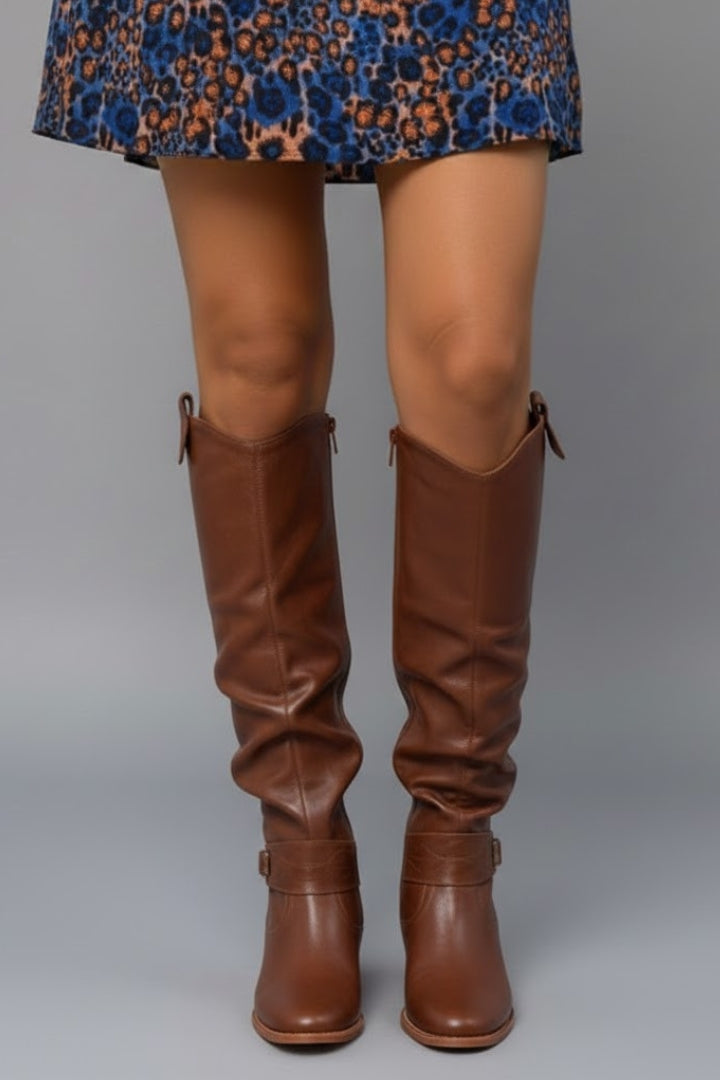 Women's Knee-High Boots with a Flat Heel in Beige - View 9.0 | Roselva