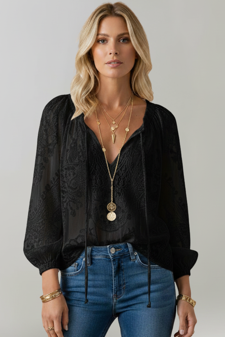 Women's Blouse with Lace Detail and Tied Neckline in Pink - View 7.0 | Roselva