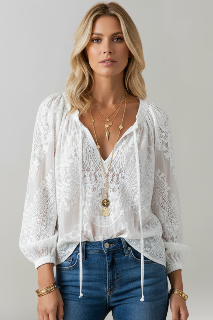 Women's Blouse with Lace Detail and Tied Neckline in Pink - View 6.0 | Roselva