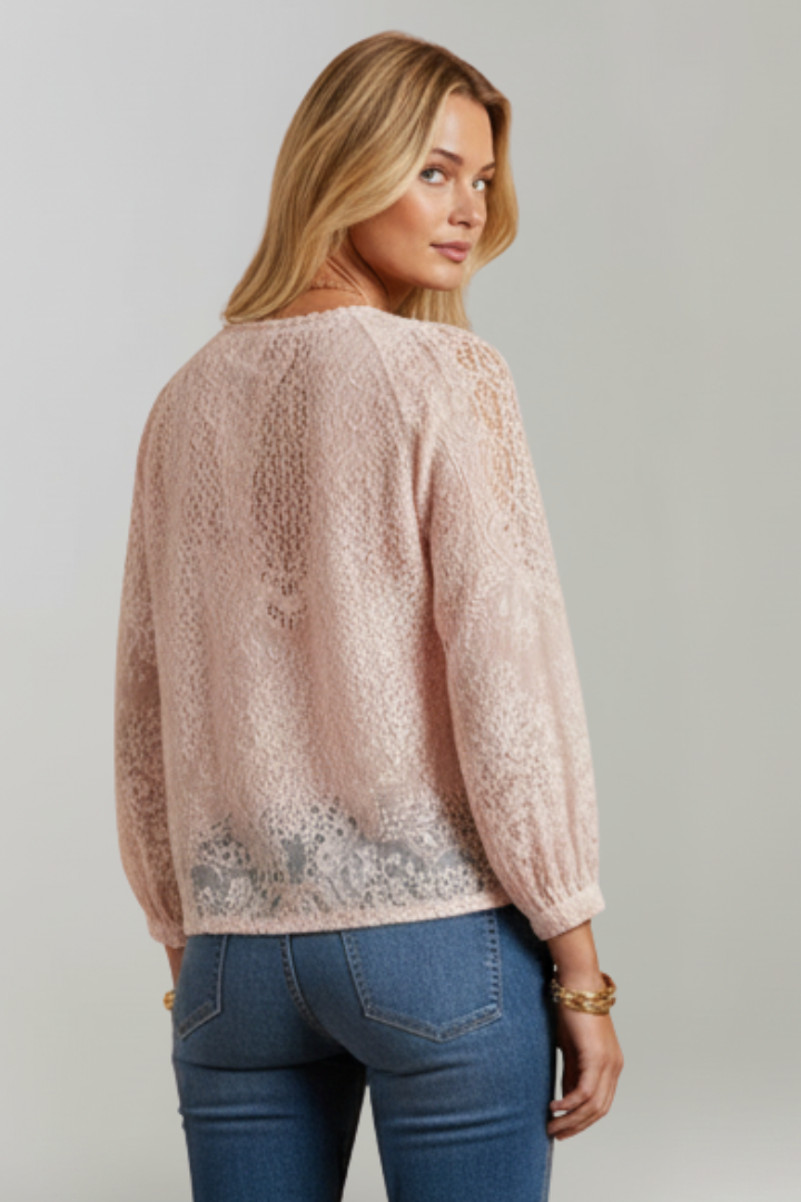 Women's Blouse with Lace Detail and Tied Neckline in Pink - View 5.0 | Roselva