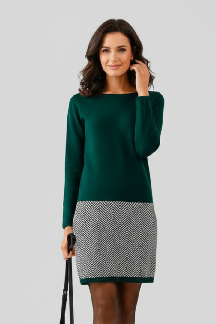 Women's Dress with Round Neckline and Patterned Bottom in Dark Green - View 2.0 | Roselva