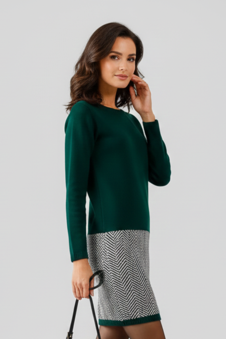 Women's Dress with Round Neckline and Patterned Bottom in Dark Green - View 3.0 | Roselva