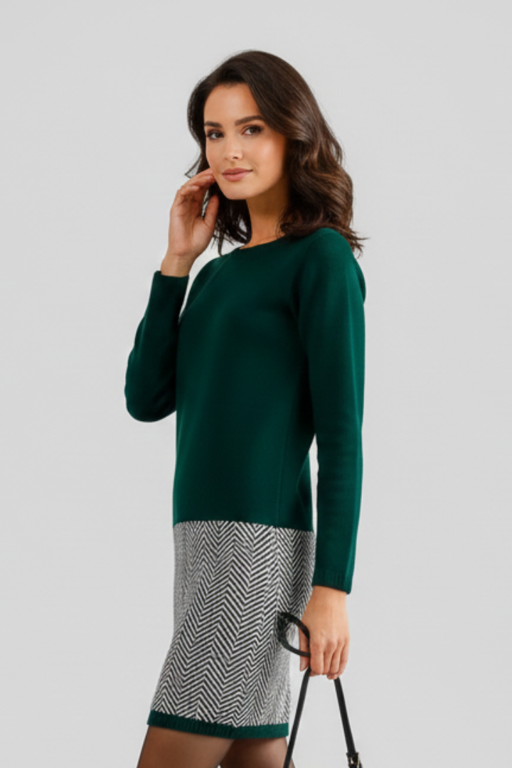 Women's Dress with Round Neckline and Patterned Bottom in Dark Green - View 5.0 | Roselva