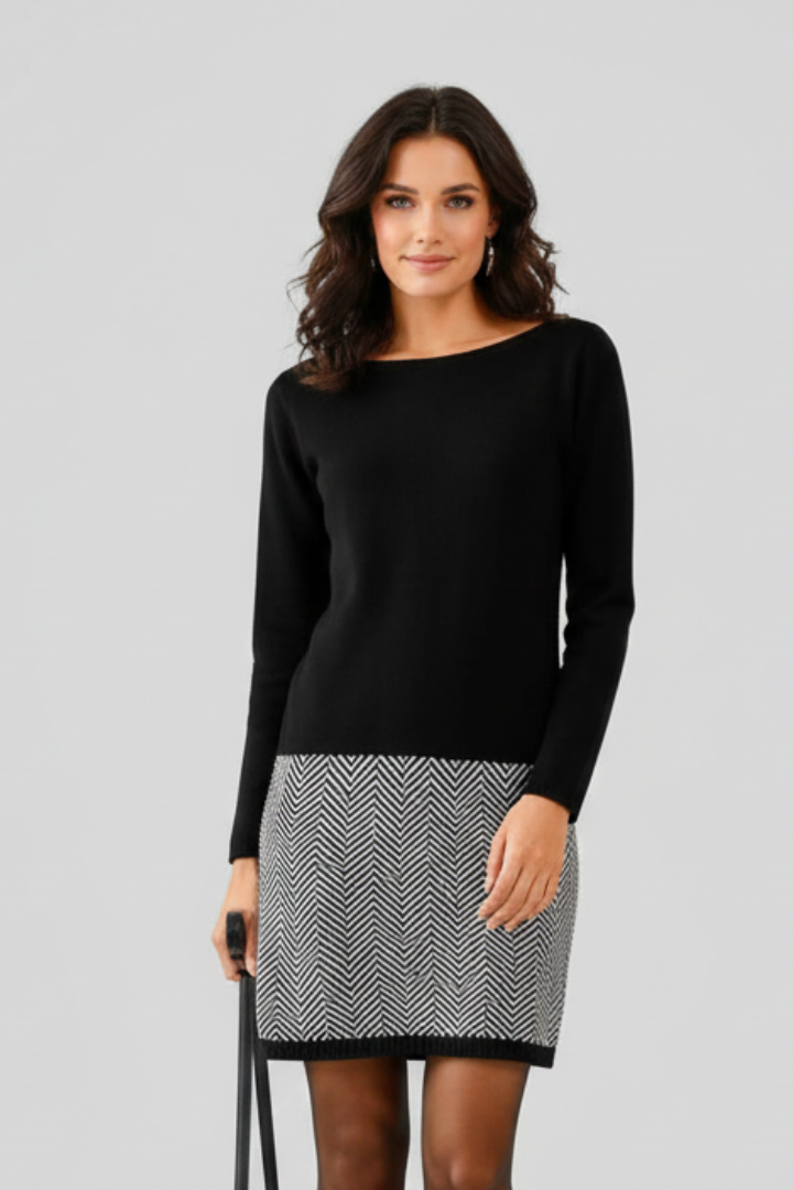 Women's Dress with Round Neckline and Patterned Bottom in Dark Green - View 6.0 | Roselva