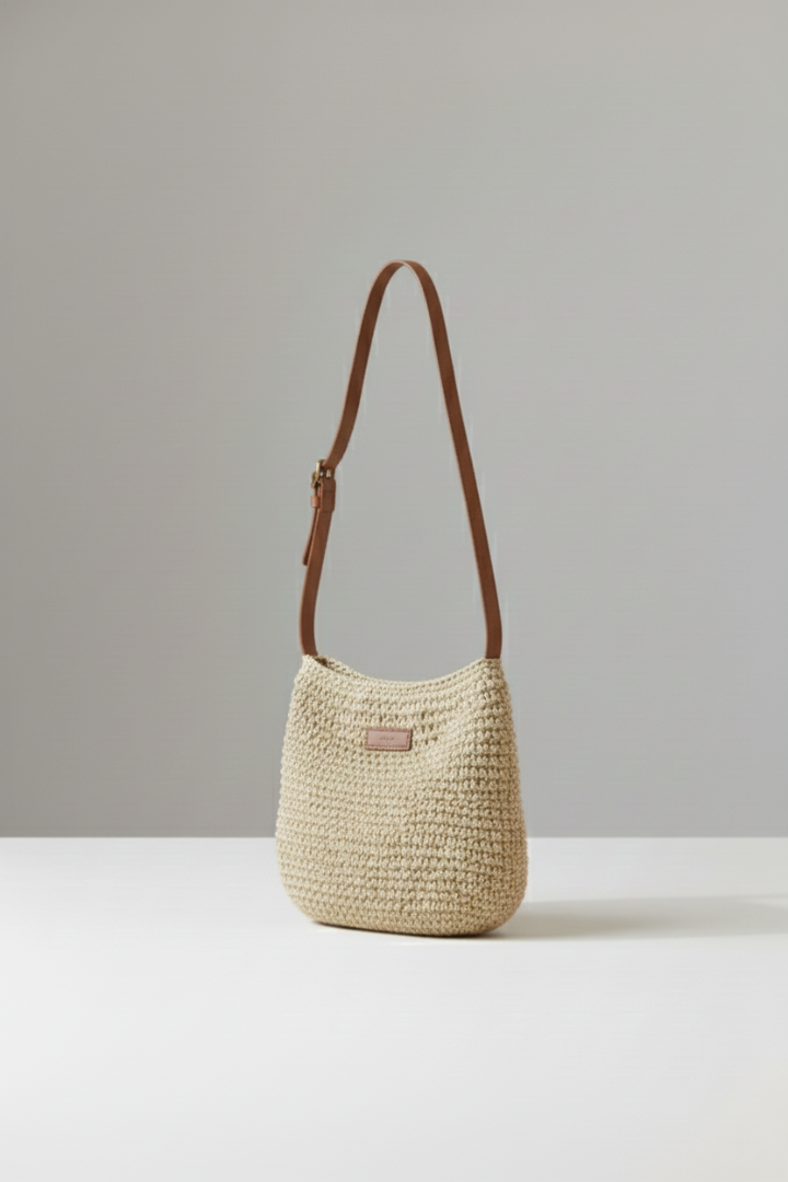 Women's Shoulder Bag with Woven Texture and Long Strap in Beige - View 2.0 | Roselva