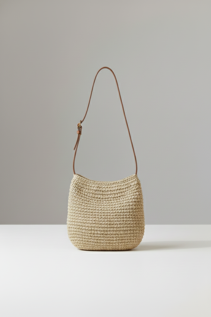 Women's Shoulder Bag with Woven Texture and Long Strap in Beige - View 4.0 | Roselva