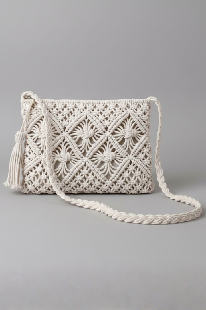 Women's Woven Texture Handbag with Long Strap in Beige - View 2.0 | Roselva