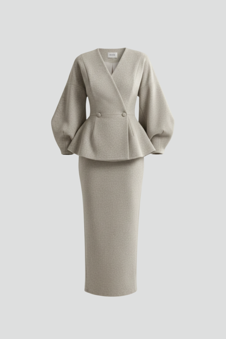 Women's Skirt Suit with Blazer and V-Neck in grey | Roselva