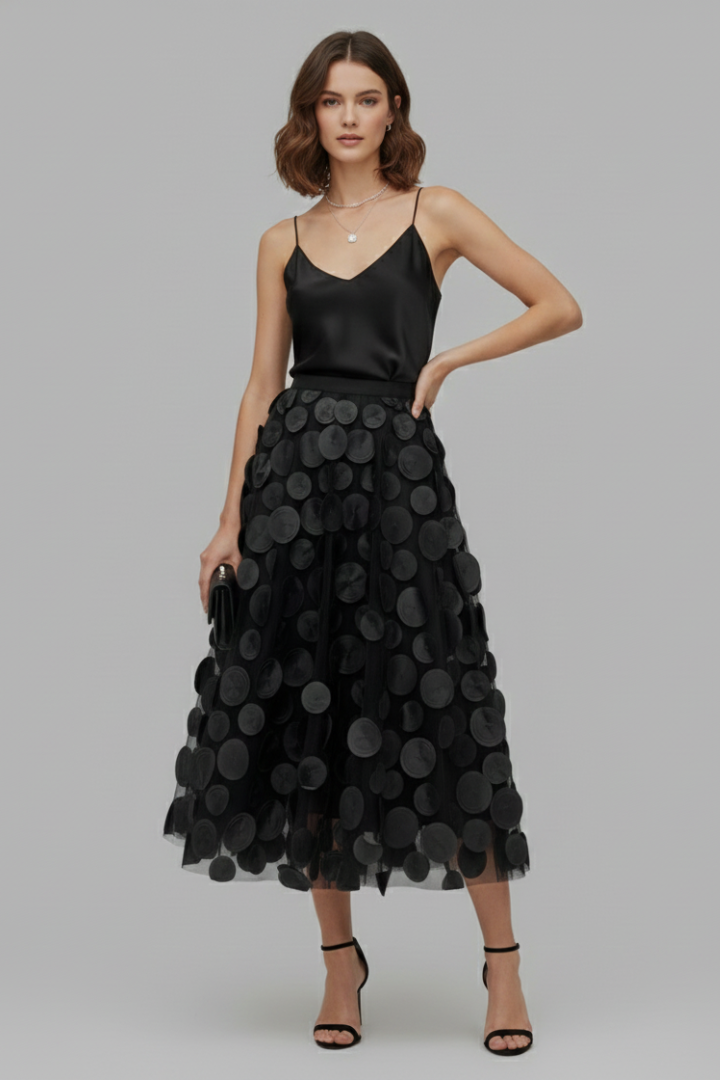 Women's Polka Dot Full Skirt in Black - View 2.0 | Roselva