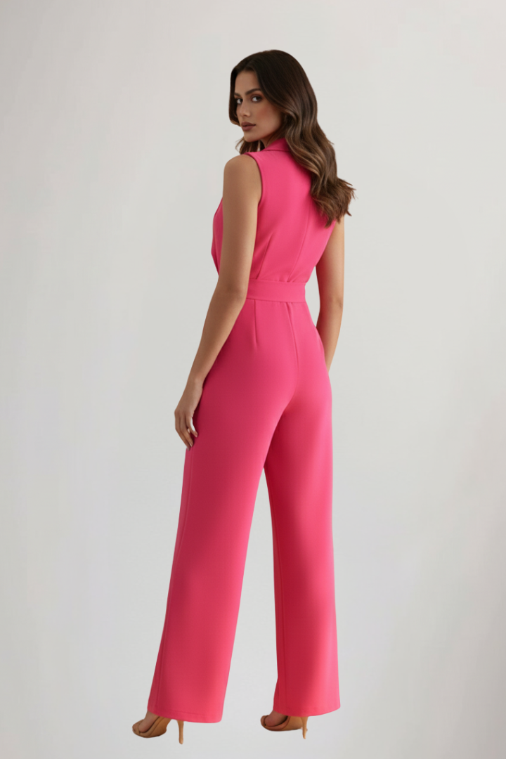 Women's V-Neck Jumpsuit with Waist Tie in Pink - View 4.0 | Roselva