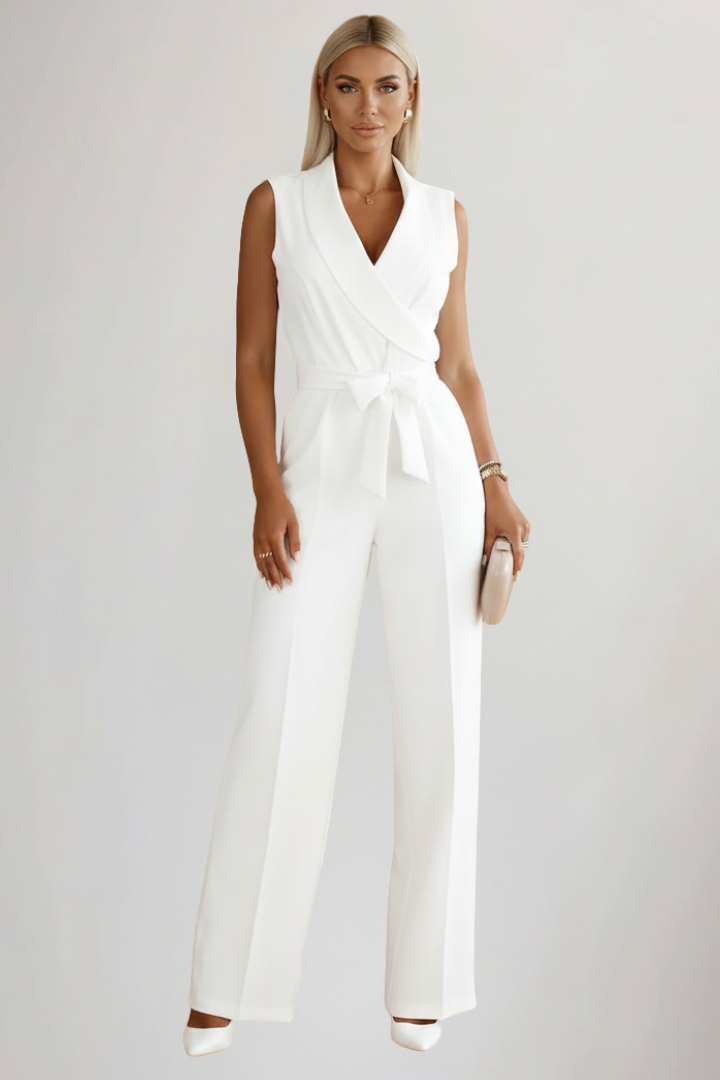 Women's Jumpsuit with V-Neck and Waist Tie in Pink - View 5.0 | Roselva