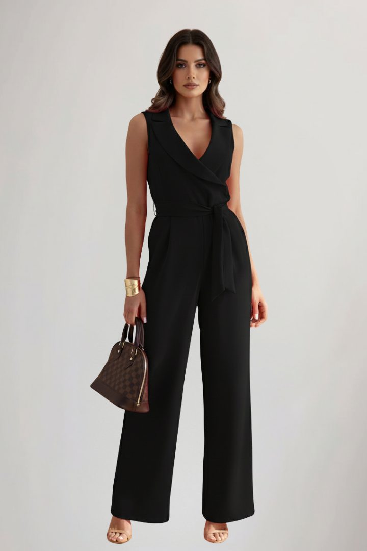Women's V-Neck Jumpsuit with Waist Tie in Pink - View 7.0 | Roselva