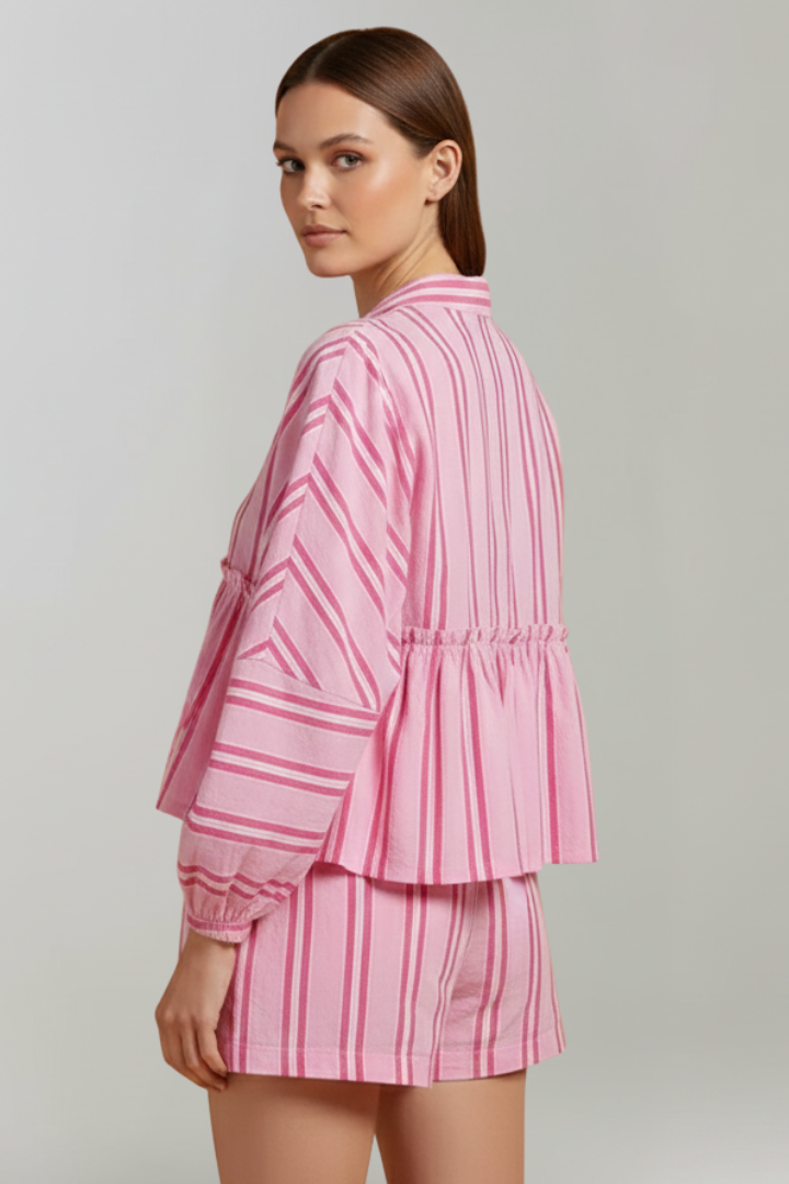 Women's Long Sleeve Striped Top and High-Waisted Shorts Set in Pink - View 4.0 | Roselva
