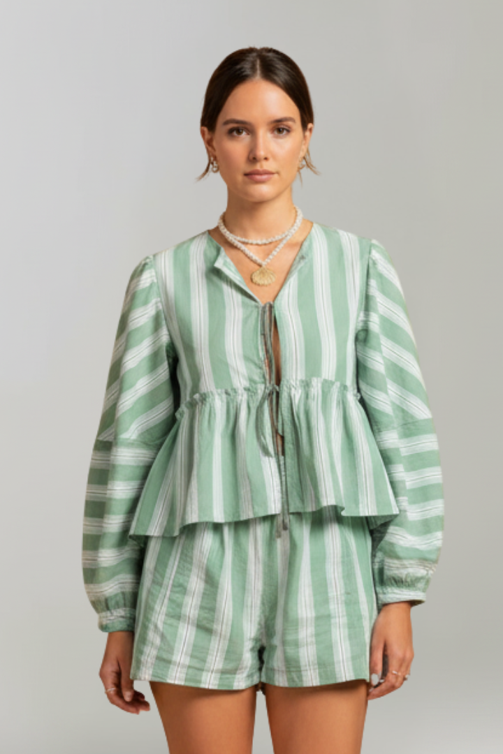 Women's Long Sleeve Striped Top and High-Waisted Shorts Set in Pink - View 6.0 | Roselva