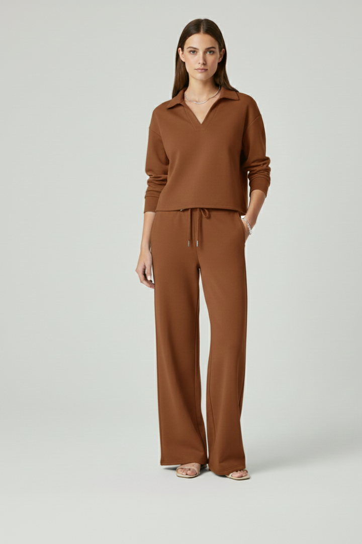 Women's Two-Piece Set with V-Neck Top and Wide-Leg Trousers in Light Blue - View 9.0 | Roselva
