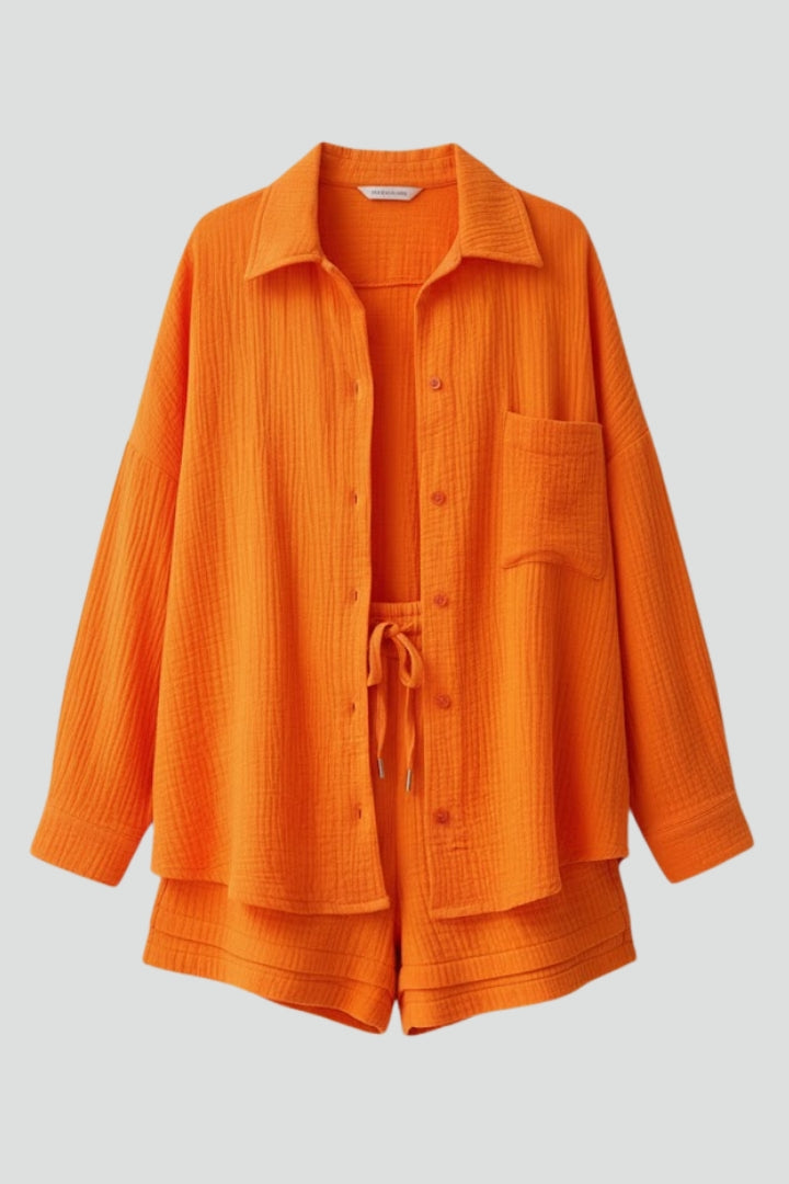 Women's Two-Piece Set with Oversized Hoodie and Shorts in Orange | Roselva