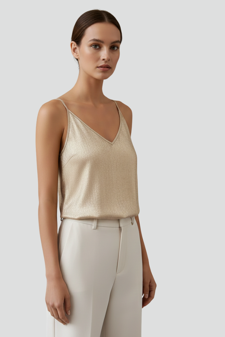 Women's V-Neck Top with Thin Straps in Gold - View 6.0 | Roselva