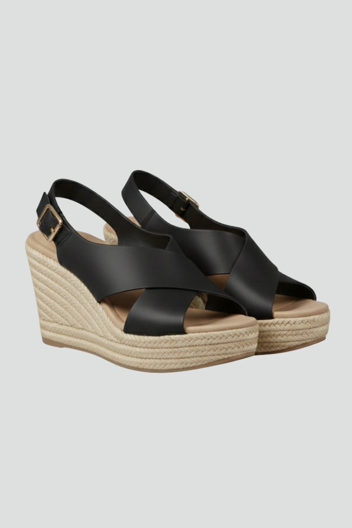 Women's Sandals with Criss-Cross Straps and Wedge Heel in Black | Roselva
