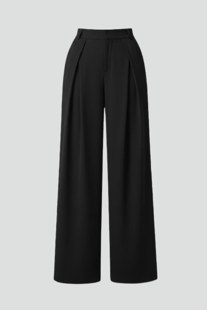Women's Trousers with Pleated Waist and High Rise in Black | Roselva
