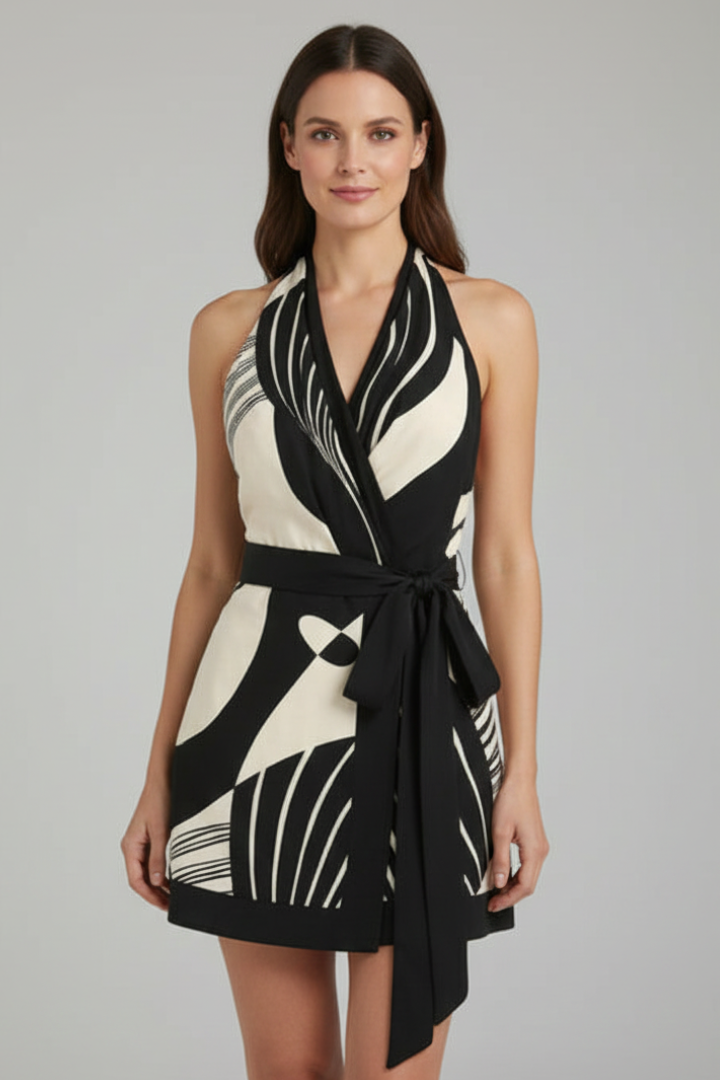 Women's Halter Neck Dress with Tied Waist in Black - View 2.0 | Roselva