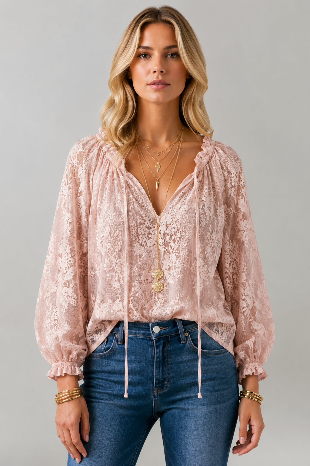 Women's Blouse with Lace Detail and Tied Neckline