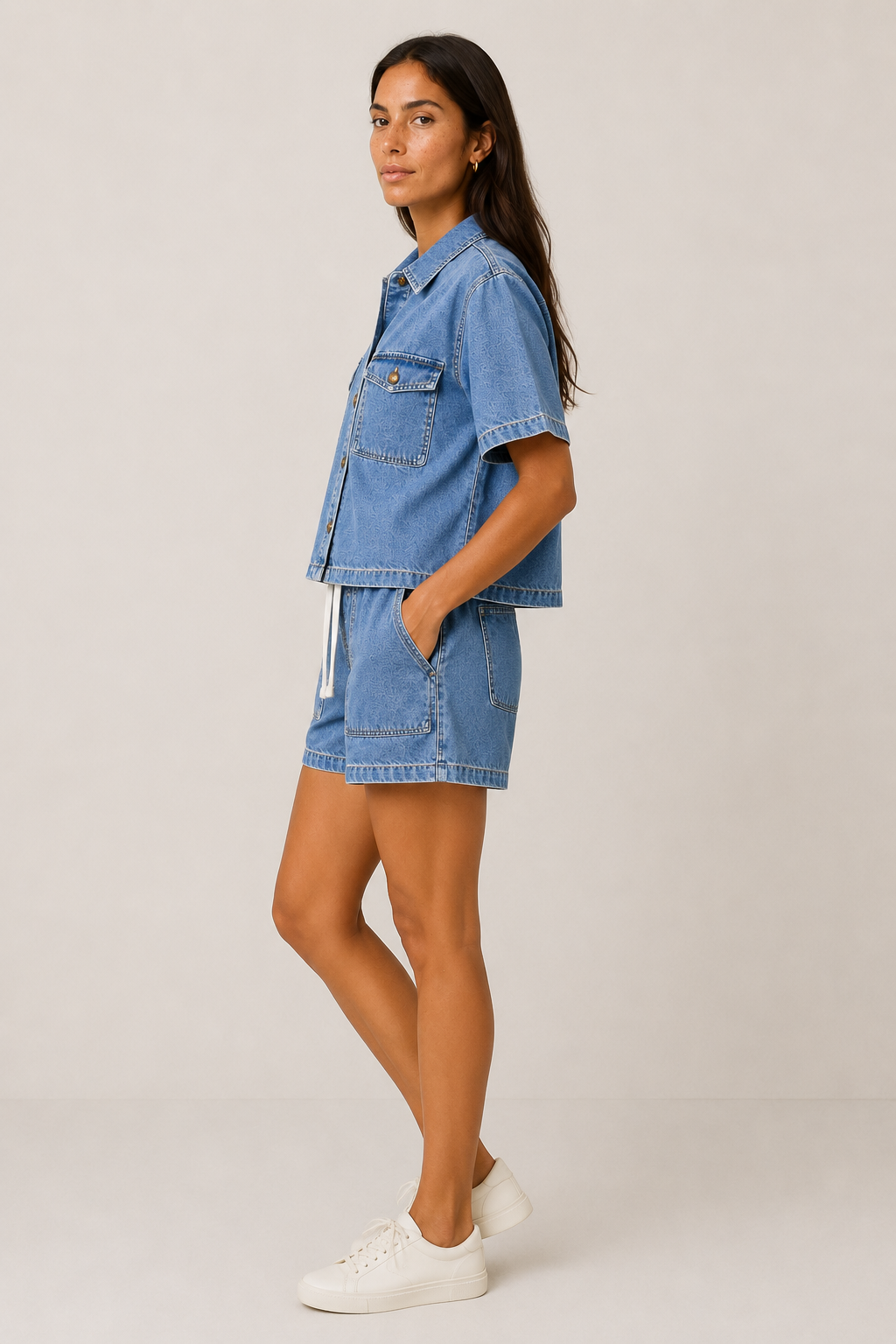 Women's Denim Set with Short Sleeves and Shorts