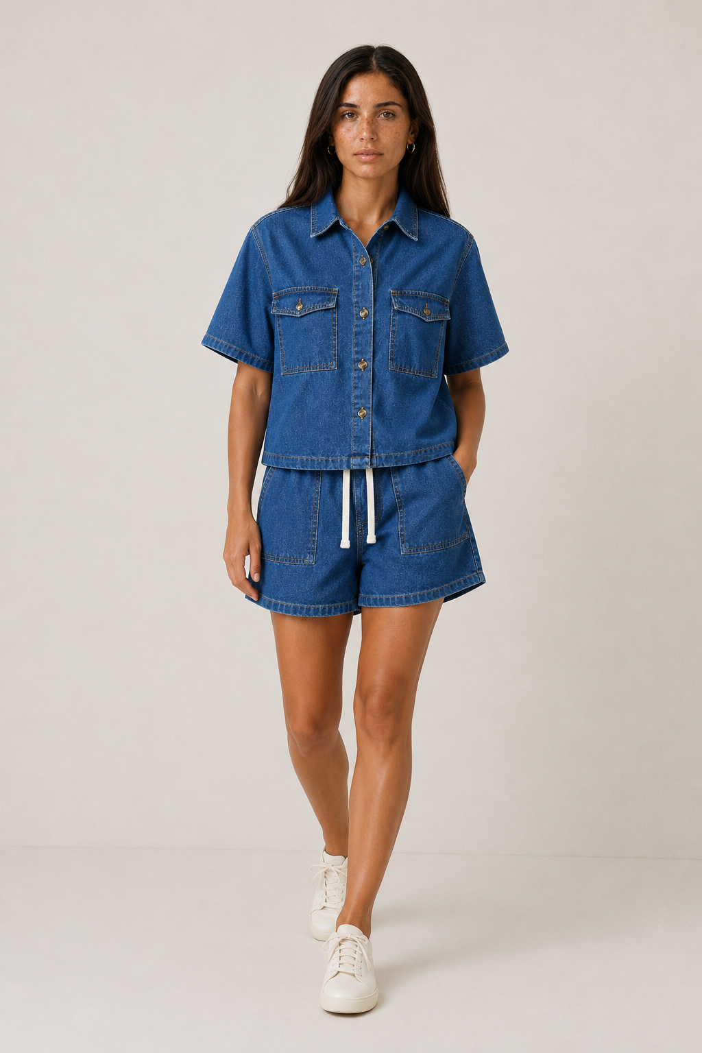 Women's Denim Set with Short Sleeves and Shorts
