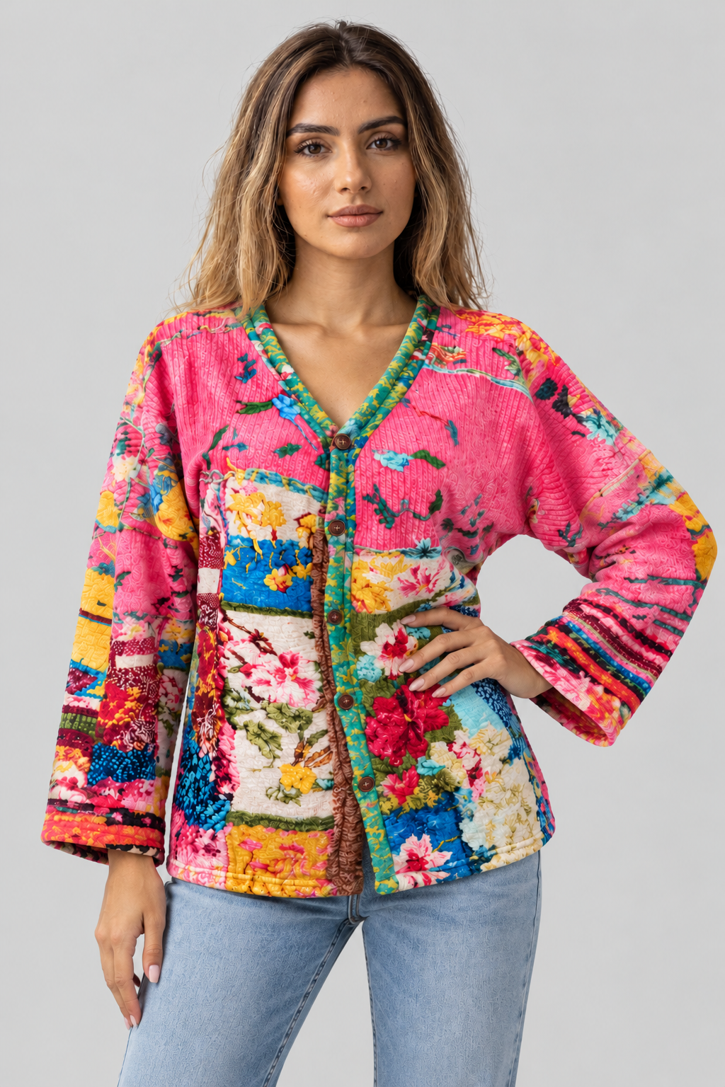 Cardigan til kvinder med blomsterprint, V-hals og knaplukning