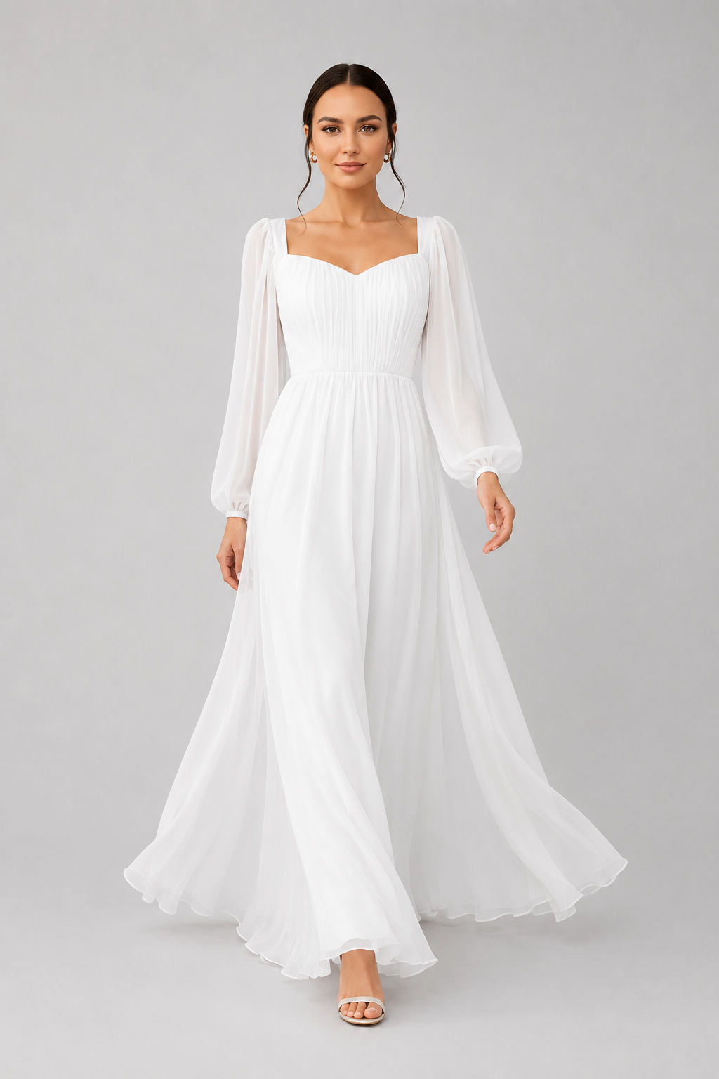 Women's Maxi Dress with Sweetheart Neckline and Long Sleeves