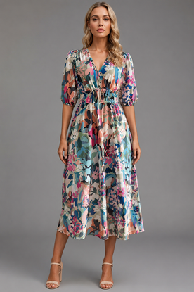 Rochie midi din poliester pentru femei cu mâneci bufante și model floral
