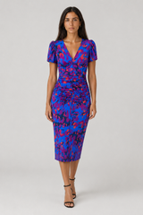Women's Midi Dress with Puff Sleeves and Gathered Waist