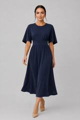 Women's Midi Dress with Wide Sleeves and Waist Belt