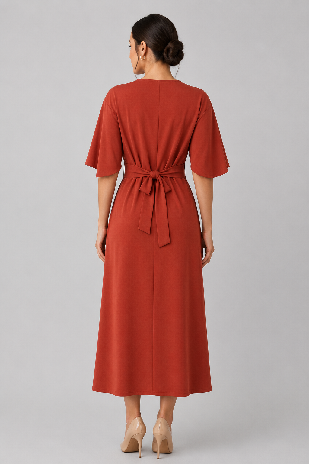 Women's Midi Dress with Wide Sleeves and Waist Belt