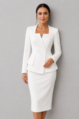 Women's Polyester Two-Piece Jacket and Skirt Set with Square Neckline